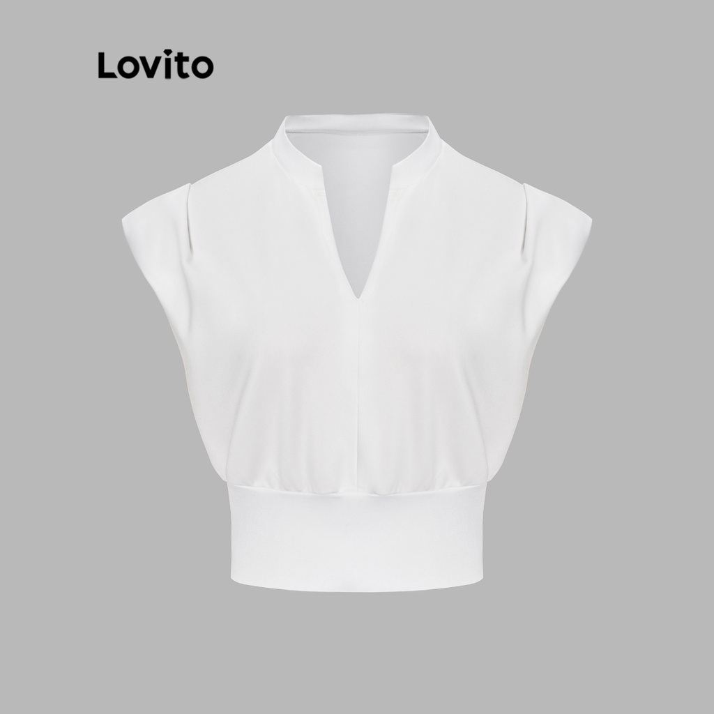 Lovito Casual Plain Pleated V Neck Sleeveless Crop Tops for Women L53AD013 (White)
