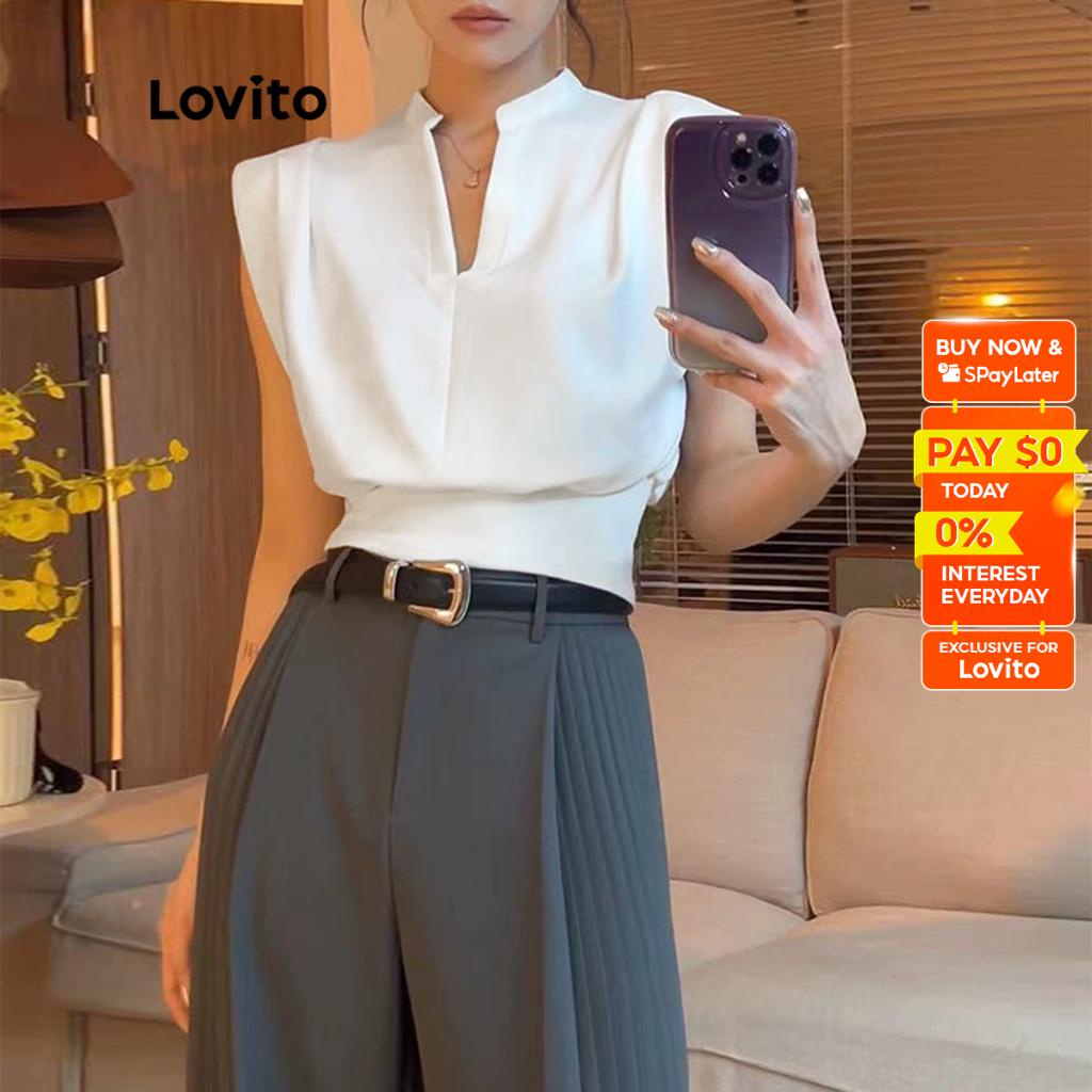 Lovito Casual Plain Pleated V Neck Sleeveless Crop Tops for Women L53AD013 (White)