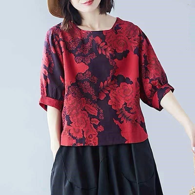 Plus Size T-Shirt Women's Cotton New Loose Floral Mother's Wear Summer Five Sleeve Casual Top Women 