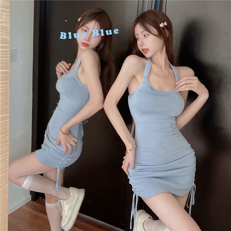 Summer sexy short skirt women's new French retro slimming show skinny drawstring bag buttock dress t