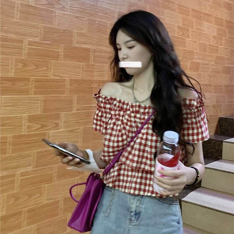 One line shoulder summer women's new plaid shirt design sense off-shoulder clothes terno