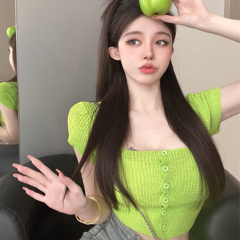 Summer square collar short sleeve knitted cardigan women's summer new design sense slim waist expose