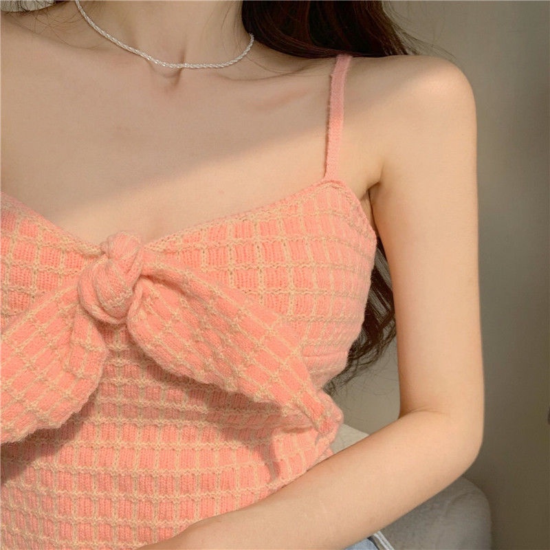 Summer bow camisole  women's new sweet sexy knitted top    terno