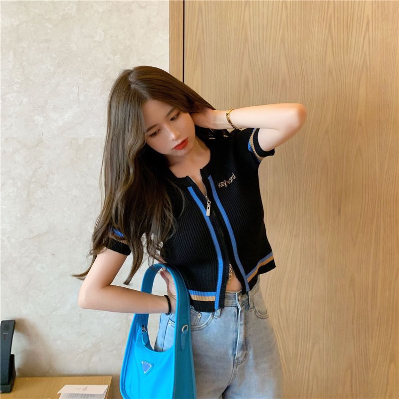 Summer double-headed zipper slim knit shirt short sleeve women's new Korean version of the short top