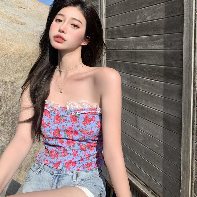 French floral lace suspender vest women's summer short top    terno