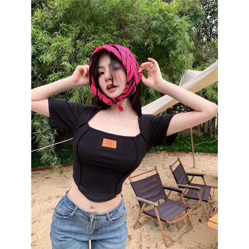 Korean style Shoulder pad top women's summer new short style square collar irregular short sleeve T-