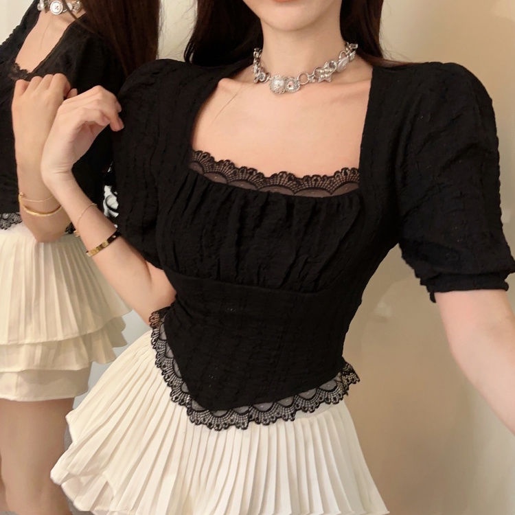 French design perceptual short style square collar lace short-sleeved chiffon shirt female summer bu
