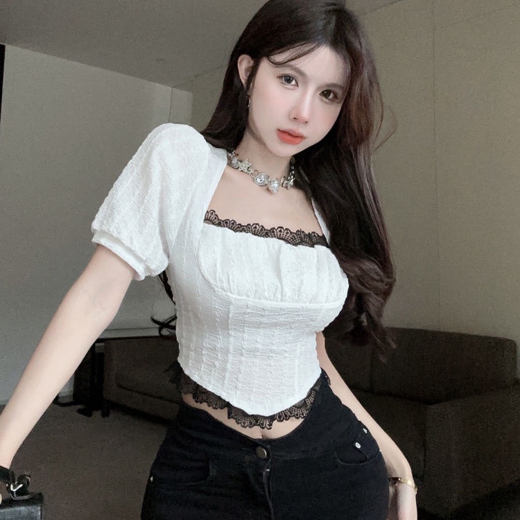 French design perceptual short style square collar lace short-sleeved chiffon shirt female summer bu