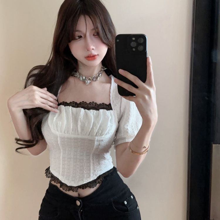 French design perceptual short style square collar lace short-sleeved chiffon shirt female summer bu