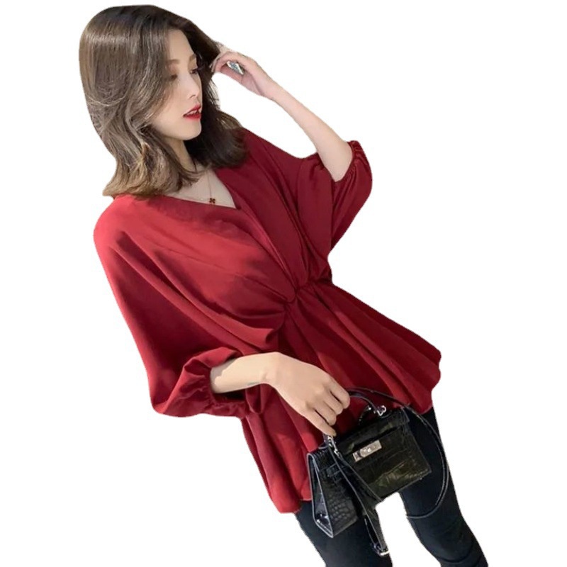 New Korean Style Women Ladies Puff Sleeve V-Neck Casual Blouse Shirt Tee Pullover Slim Waist Long Sl