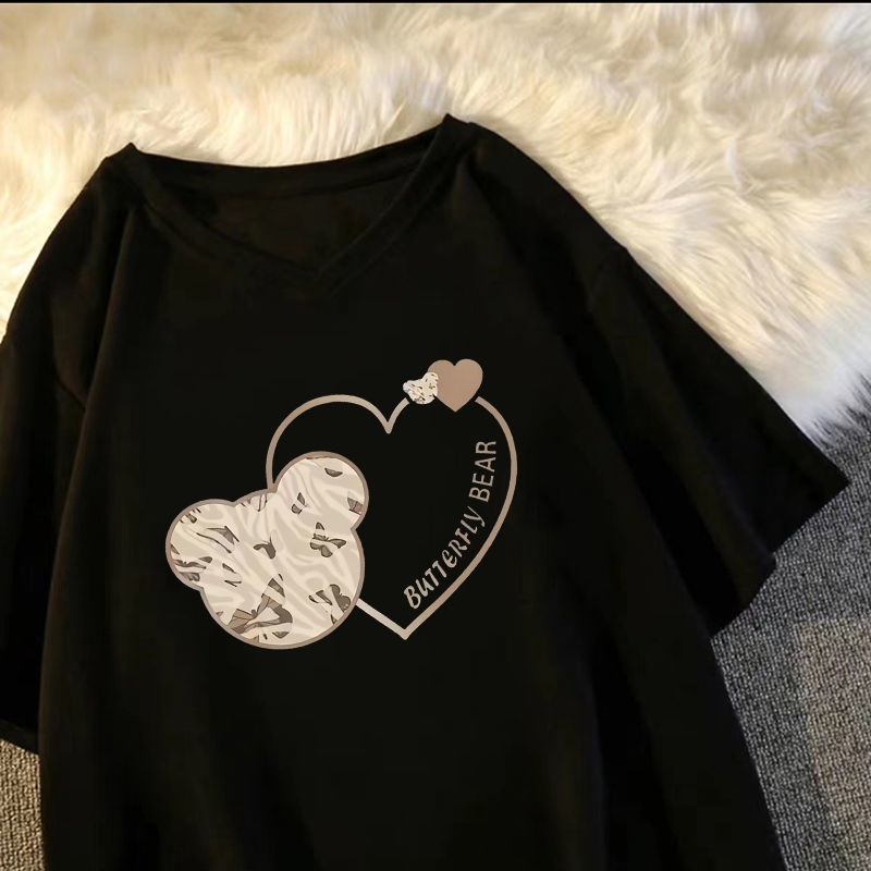 [T-shirt] [100% cotton] V-neck top women's loose T-shirt student short-sleeved large size 65-200 Jin