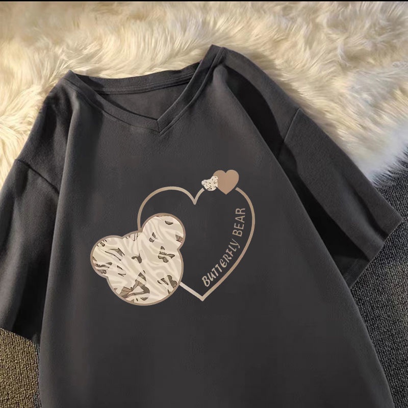 [T-shirt] [100% cotton] V-neck top women's loose T-shirt student short-sleeved large size 65-200 Jin
