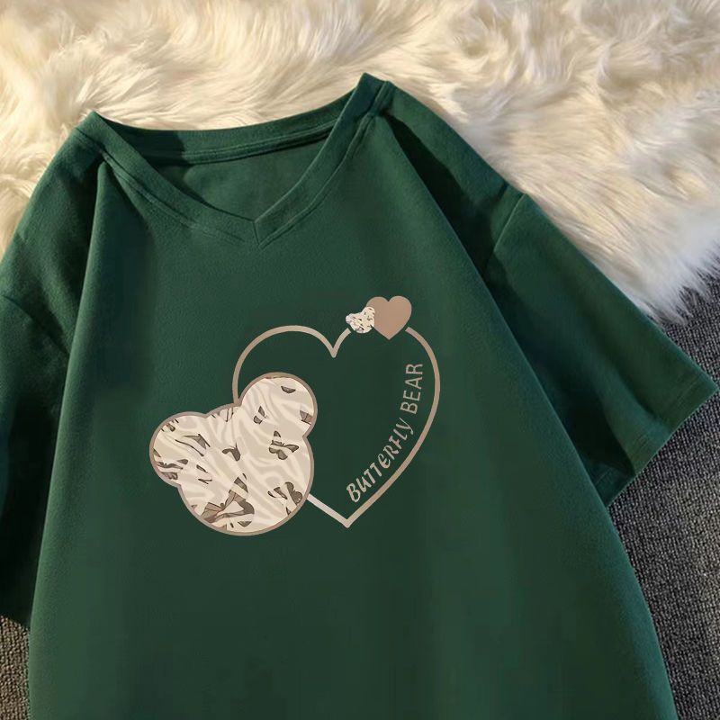 [T-shirt] [100% cotton] V-neck top women's loose T-shirt student short-sleeved large size 65-200 Jin