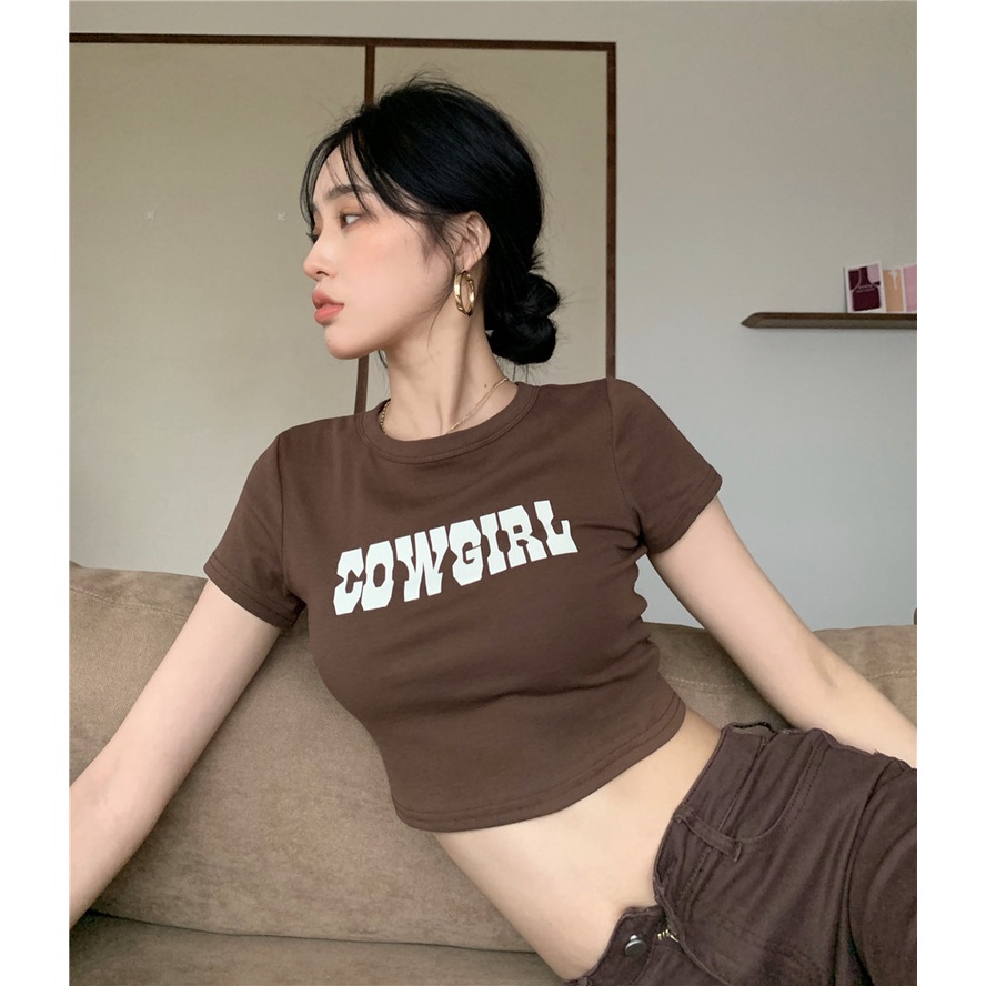 Retro Women Short sleeved T-shirt Slim High waist Cropped Navel Short Top