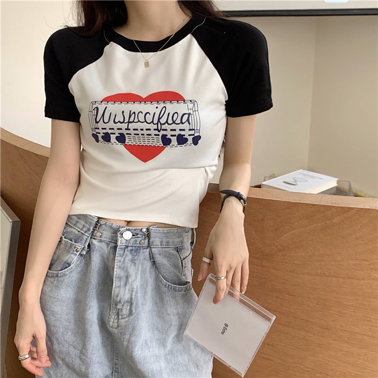Korean Sweet Spicy Girl Elastic Soft T-Shirt Women's Short Slim Print Short Sleeve Summer Top