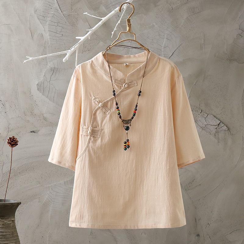 Ready StockWomen's Round Neck 3/4 Sleeve Casual Plus Size Cotton Blouse