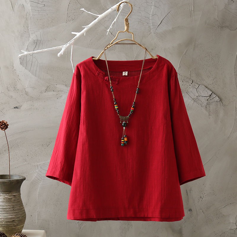 Ready StockWomen's Round Neck 3/4 Sleeve Casual Plus Size Cotton Blouse
