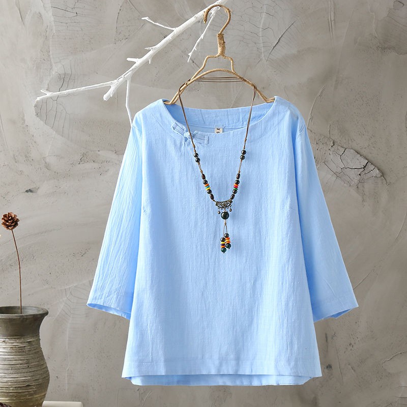 Ready StockWomen's Round Neck 3/4 Sleeve Casual Plus Size Cotton Blouse