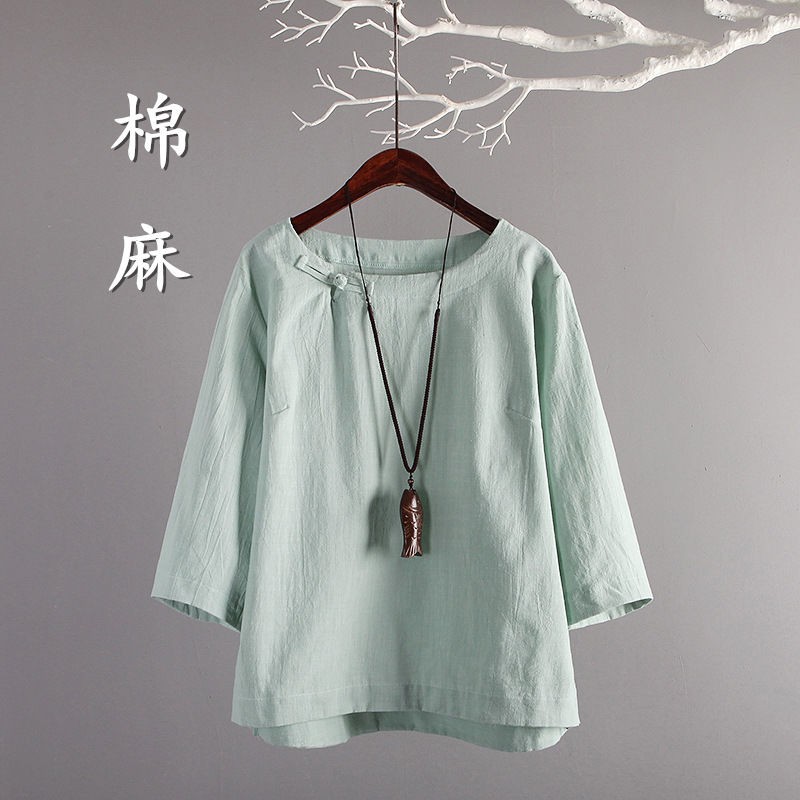 Ready StockWomen's Round Neck 3/4 Sleeve Casual Plus Size Cotton Blouse