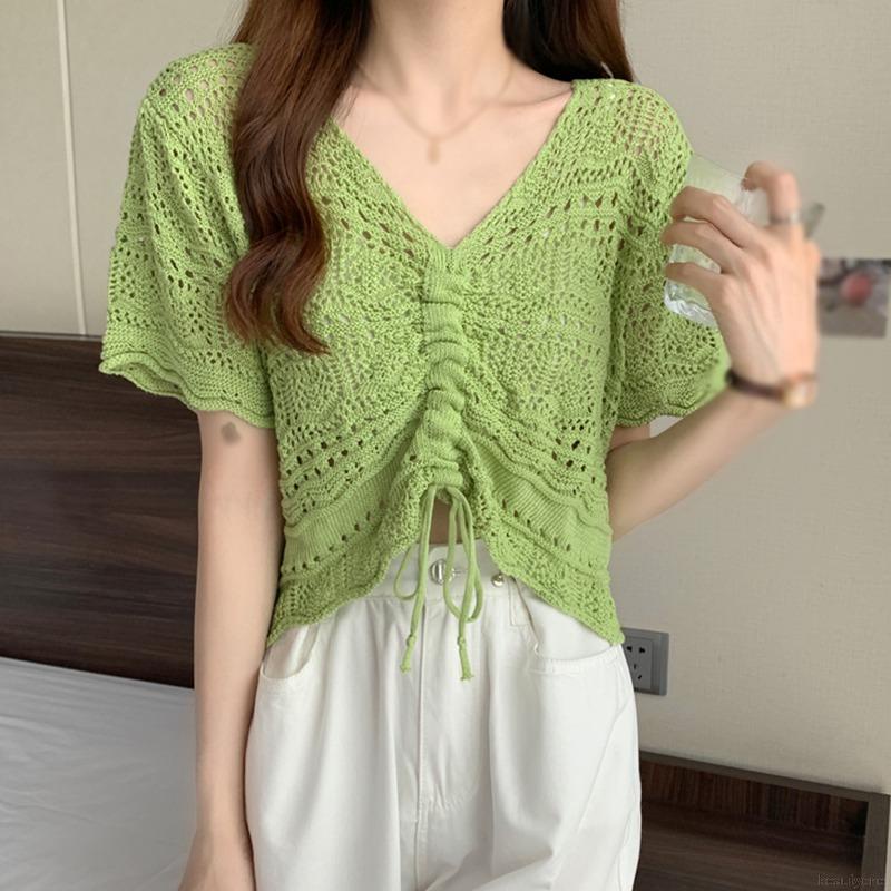 Women Drawstring Hollow Summer Thin Sunscreen Short Sleeved Blouse