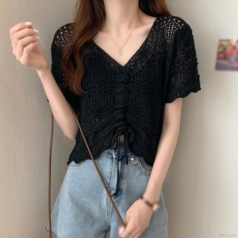 Women Drawstring Hollow Summer Thin Sunscreen Short Sleeved Blouse