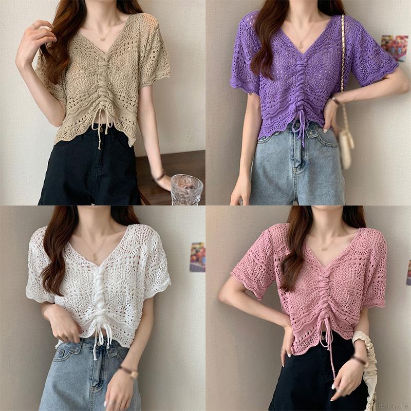 Women Drawstring Hollow Summer Thin Sunscreen Short Sleeved Blouse