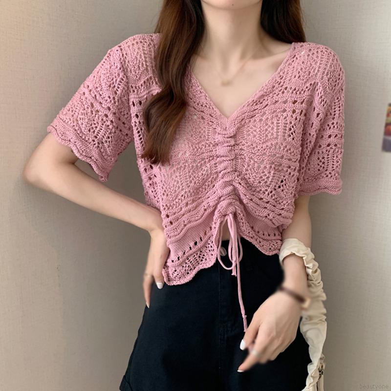 Women Drawstring Hollow Summer Thin Sunscreen Short Sleeved Blouse