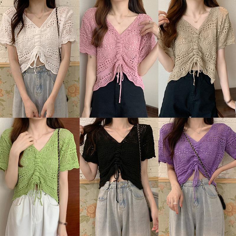 Women Drawstring Hollow Summer Thin Sunscreen Short Sleeved Blouse