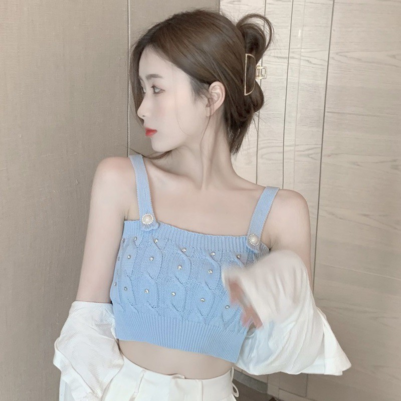 Women Bead Shine Summer Korean Sexy Inner Short Style Knitted Vest