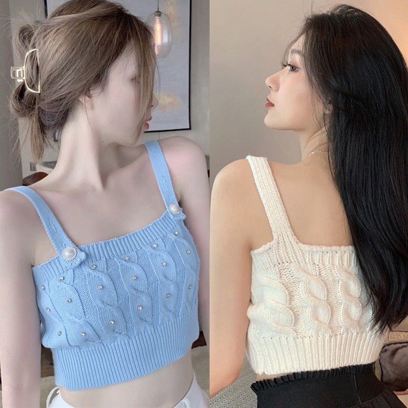 Women Bead Shine Summer Korean Sexy Inner Short Style Knitted Vest