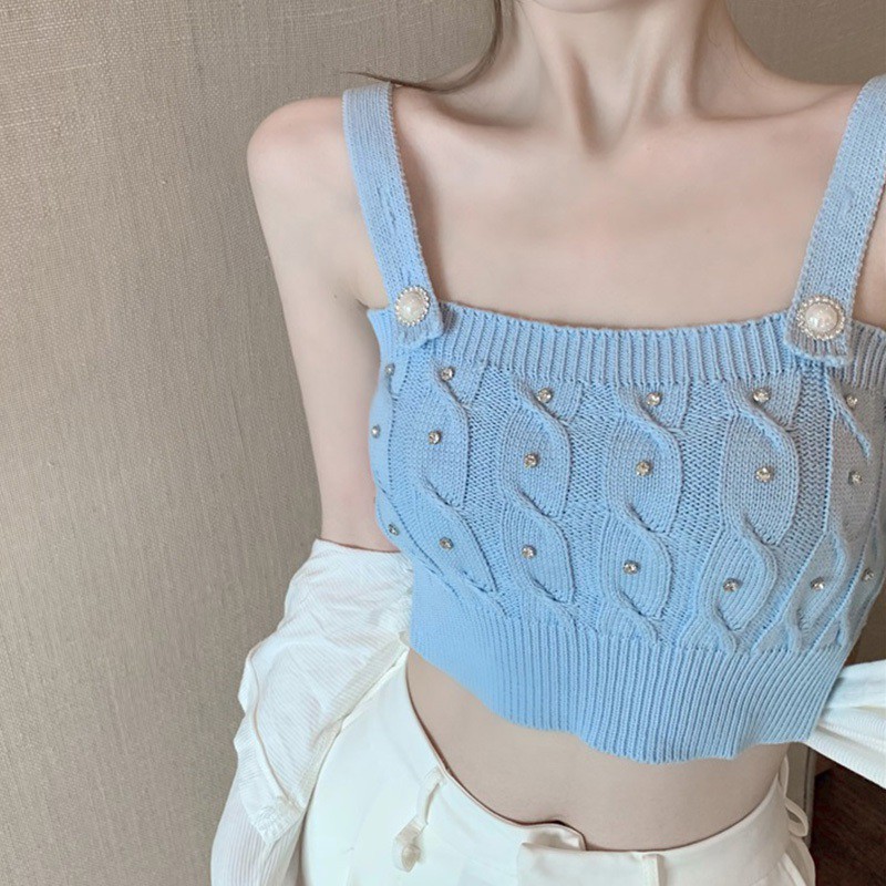 Women Bead Shine Summer Korean Sexy Inner Short Style Knitted Vest