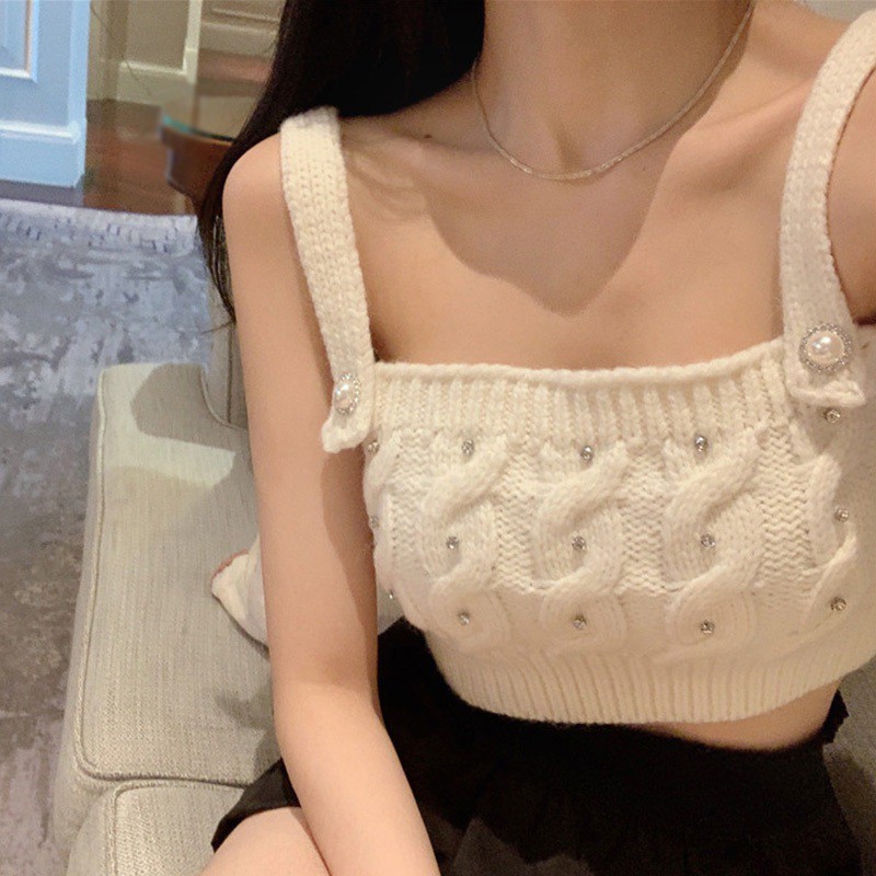 Women Bead Shine Summer Korean Sexy Inner Short Style Knitted Vest