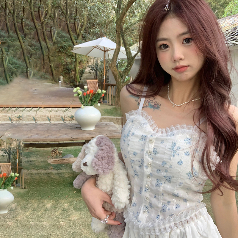 Women's Camisole Flower Print Lace Padded Sweet Slim Korean Tops
