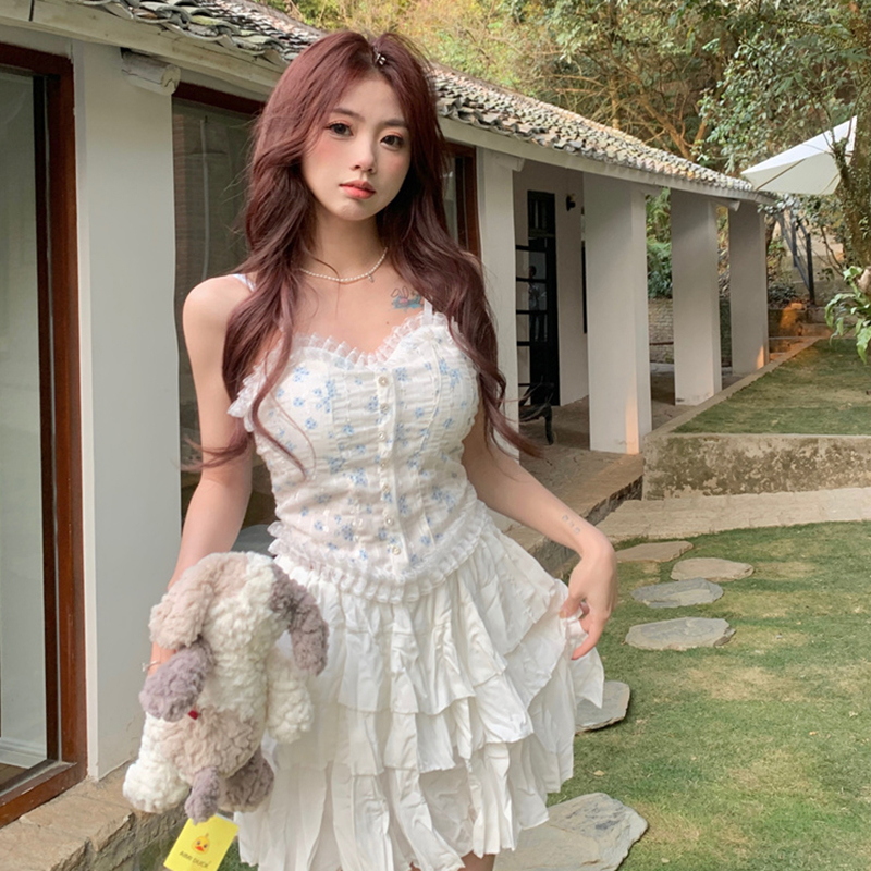 Women's Camisole Flower Print Lace Padded Sweet Slim Korean Tops