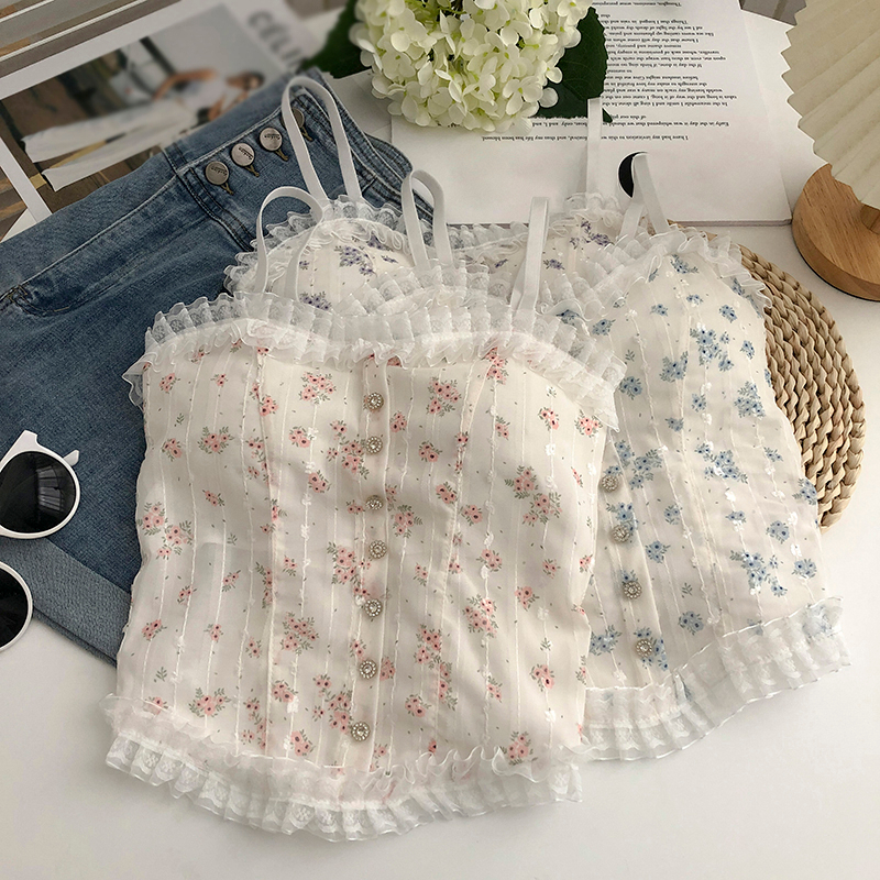 Women's Camisole Flower Print Lace Padded Sweet Slim Korean Tops