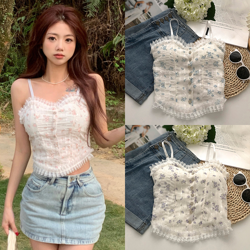 Women's Camisole Flower Print Lace Padded Sweet Slim Korean Tops