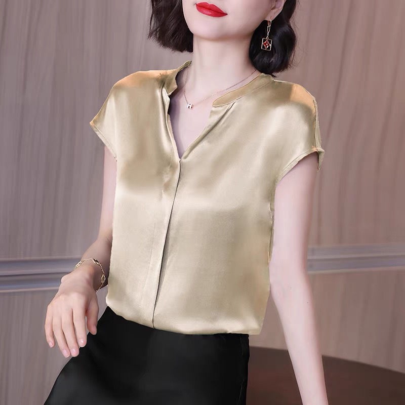 Satin Shirt V-neck Short-sleeved Thin Loose Chiffon Blouse Women