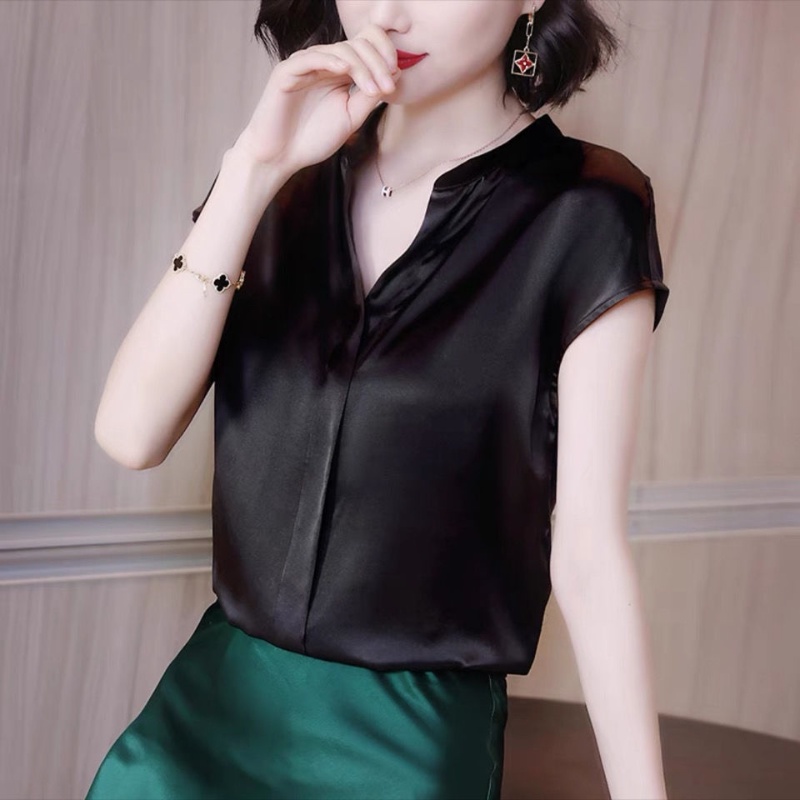 Satin Shirt V-neck Short-sleeved Thin Loose Chiffon Blouse Women