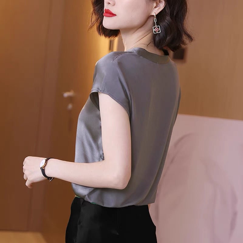 Satin Shirt V-neck Short-sleeved Thin Loose Chiffon Blouse Women