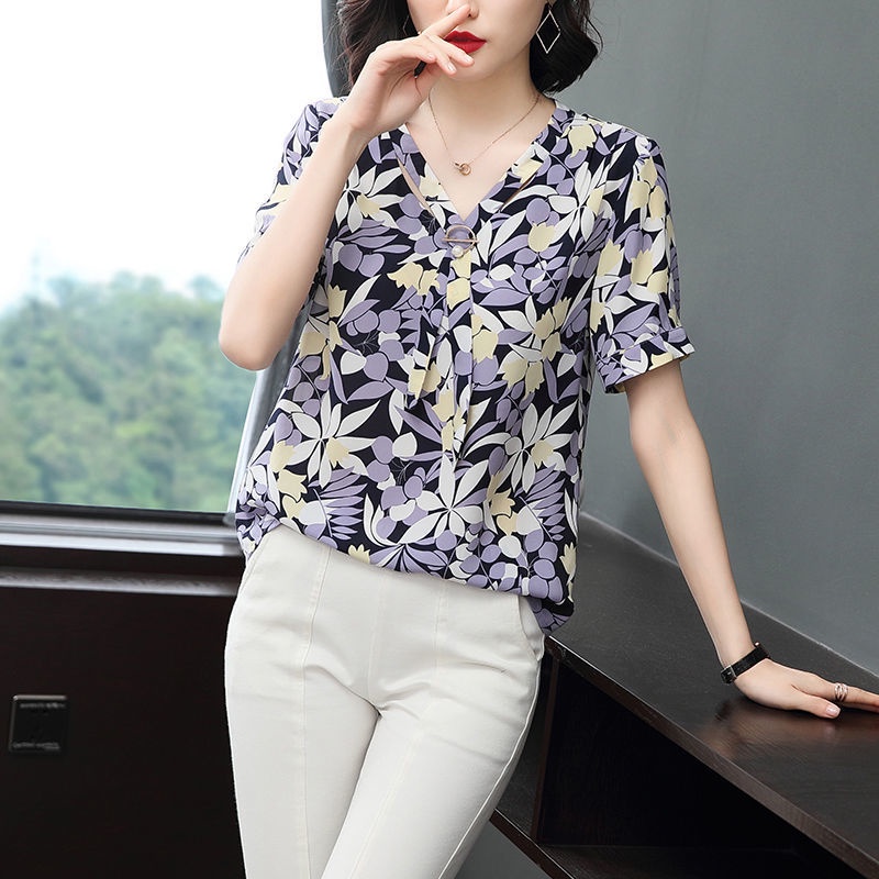 Floral Chiffon Shirt Women's Short Sleeve Summer Fashion Top Women Blouse