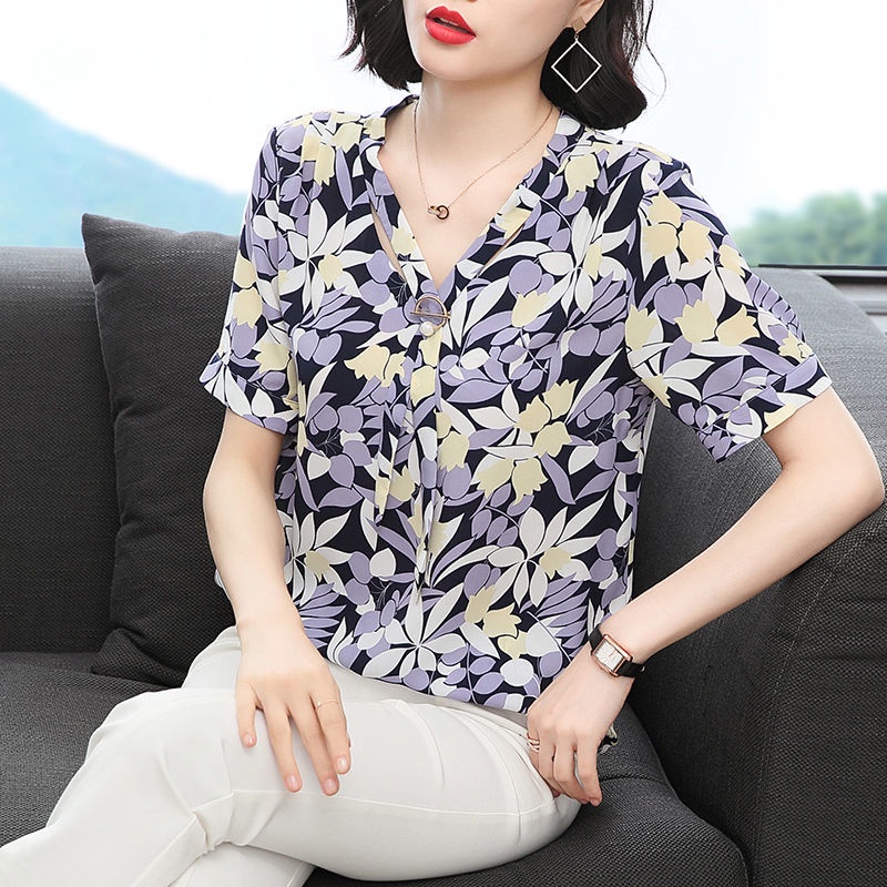 Floral Chiffon Shirt Women's Short Sleeve Summer Fashion Top Women Blouse