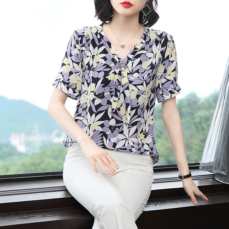 Floral Chiffon Shirt Women's Short Sleeve Summer Fashion Top Women Blouse
