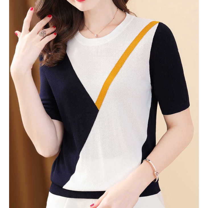 Color Blocking Ice Silk Knitwear Fashion Slim Short Sleeved T-shirt Top Women Blouse
