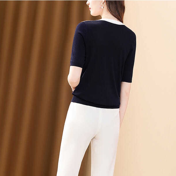 Color Blocking Ice Silk Knitwear Fashion Slim Short Sleeved T-shirt Top Women Blouse