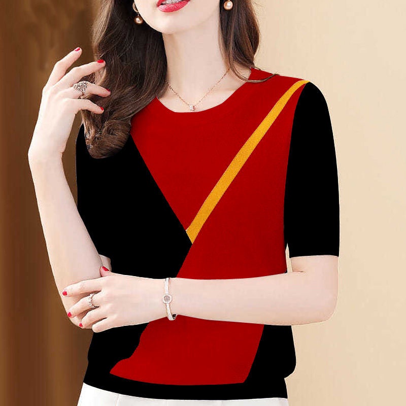 Color Blocking Ice Silk Knitwear Fashion Slim Short Sleeved T-shirt Top Women Blouse