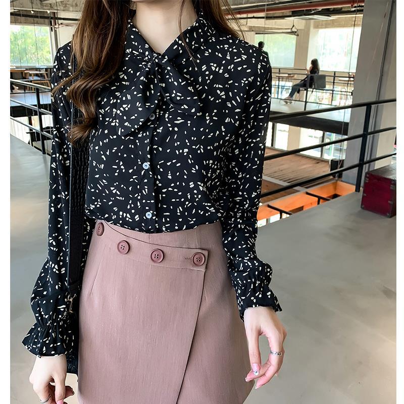 Women Blouse Bow Print Chiffon Shirt Long Sleeve Loose Top
