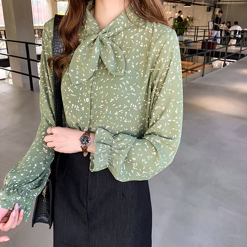 Women Blouse Bow Print Chiffon Shirt Long Sleeve Loose Top
