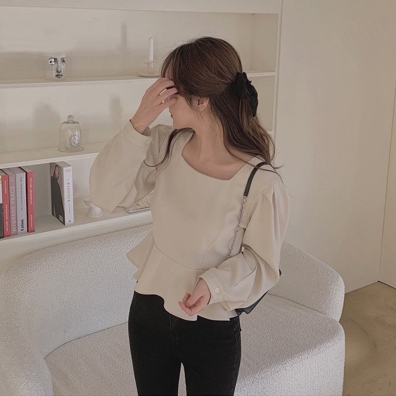 Ready Stock Women Solid Square Neck Ruffled Long Sleeve Shirt Crop Tops croptop korean style slim wa