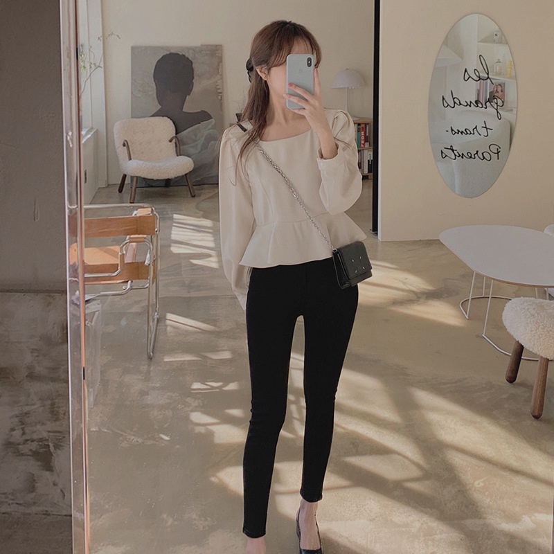 Ready Stock Women Solid Square Neck Ruffled Long Sleeve Shirt Crop Tops croptop korean style slim wa