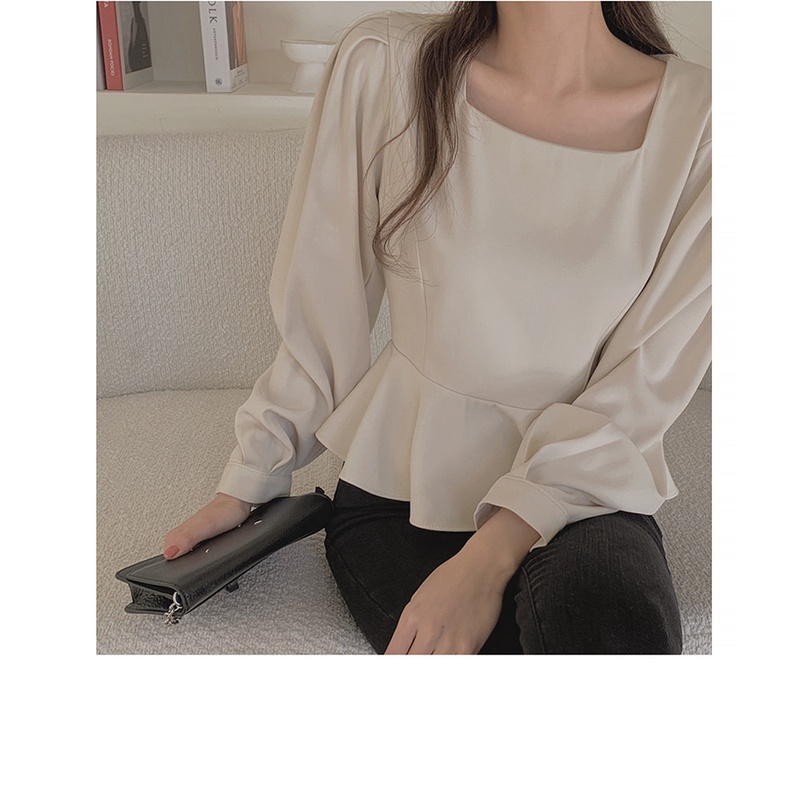 Ready Stock Women Solid Square Neck Ruffled Long Sleeve Shirt Crop Tops croptop korean style slim wa